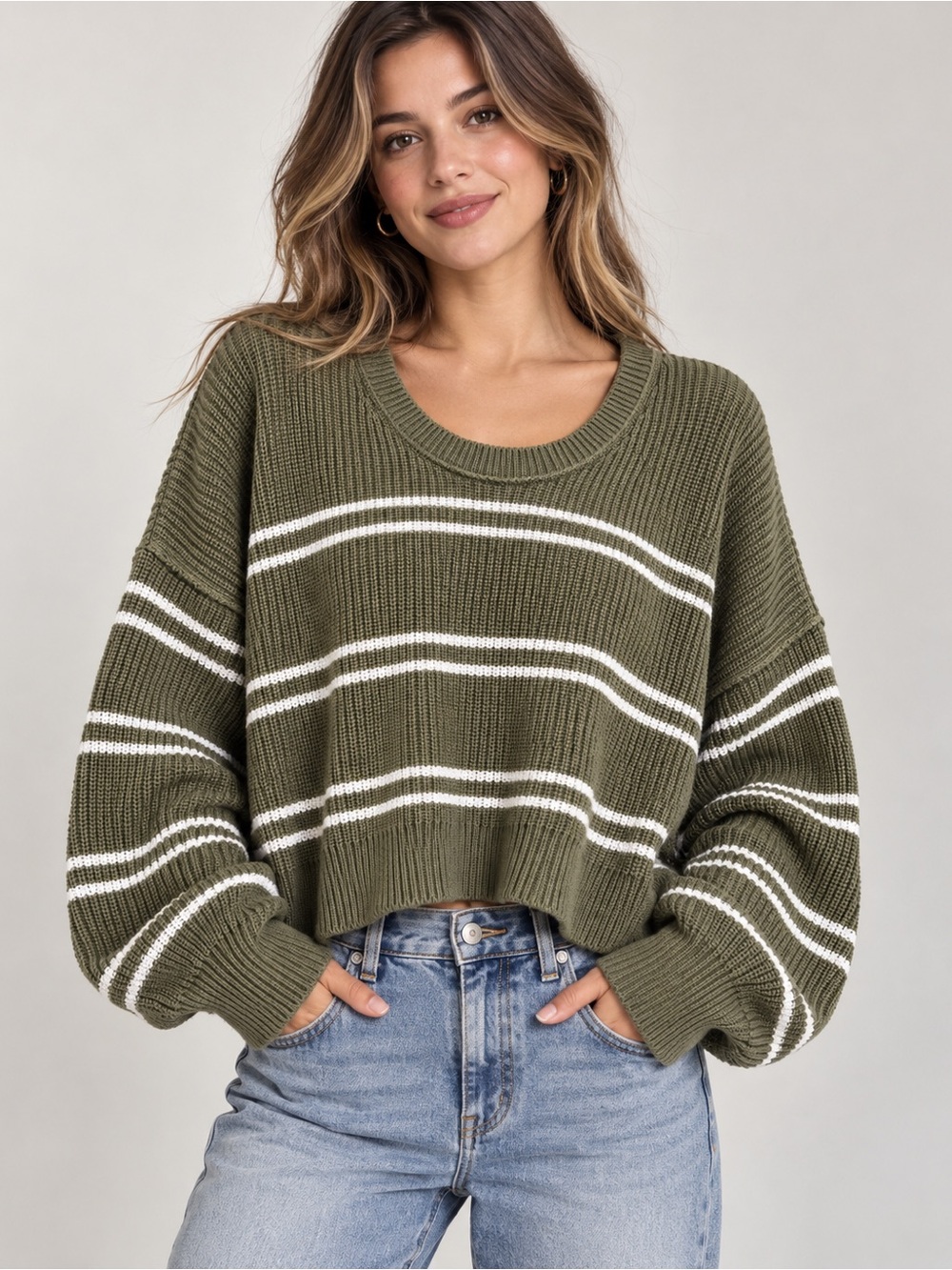 Aerie Olive Green & White Striped 100% Cotton Oversized Cropped Sweater M
